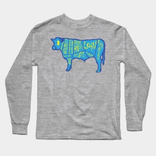 80s 90s Vintage Retro Style Blue Cow Butcher Chart Long Sleeve T-Shirt